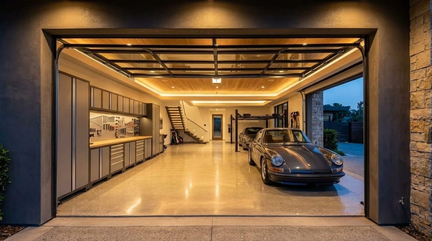 Arthur Simmons Garage Door Roller Repair Interior View of Custom Garage Door Overhead and Workshop